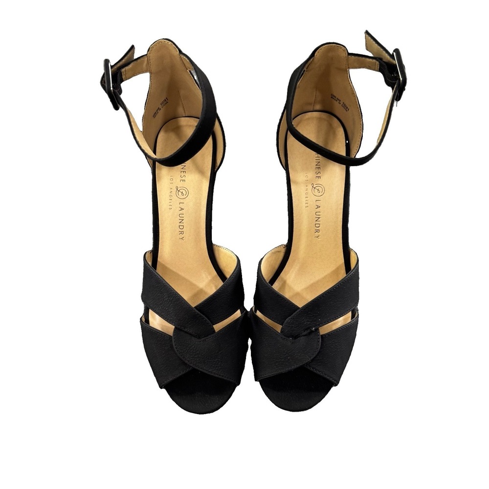 Chinese Laundry Women's Size 10M Calais Black Wedge Sandals Ankle Strap Heels